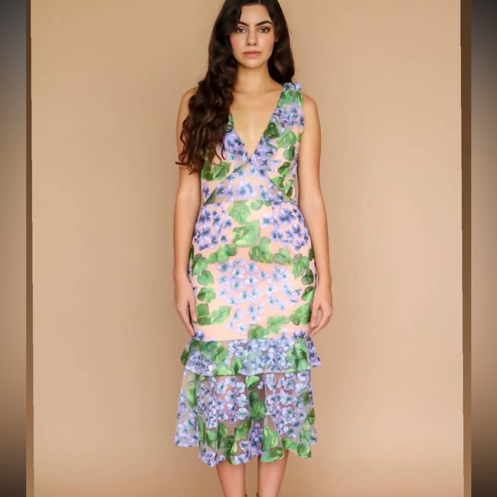 Green and Purple Ruffled Tiered Midi Dress for Cocktail Rent the Runway